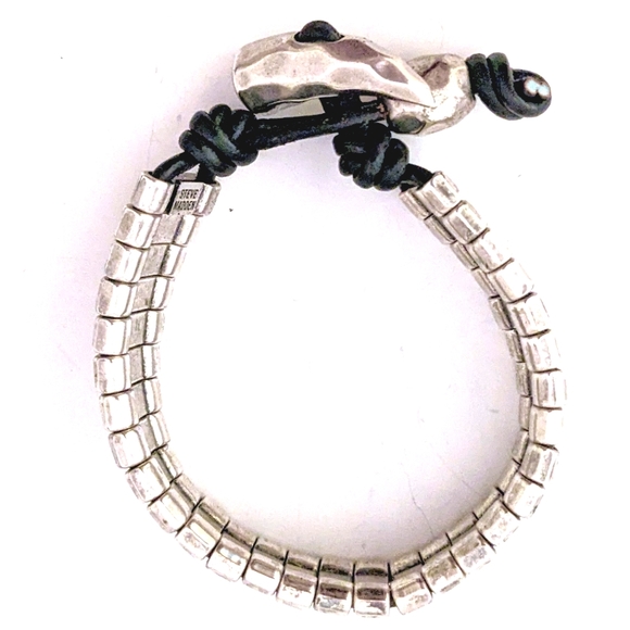 Steve Madden Black Leather Bracelet with Silver Bands and Leather Clasp - Picture 2 of 5